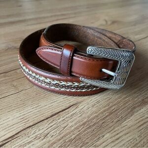 Vtg 90's Onyx by Brighton Brown Leather Braided Woven Straw Belt Men's Sz 34